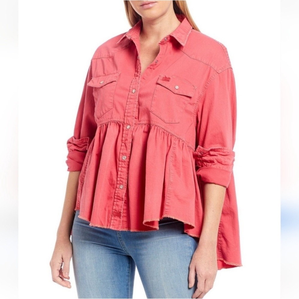Free People “We The Free" Dylan Babydoll peplum denim shirt jacket - Picture 2 of 7